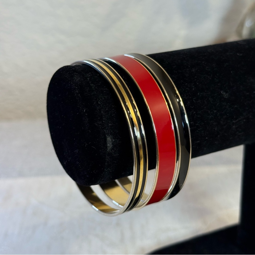 Set of 3 Vintage Enamel Bangle Bracelets - Red, Black‎ & Gold-Tone Stackable Set